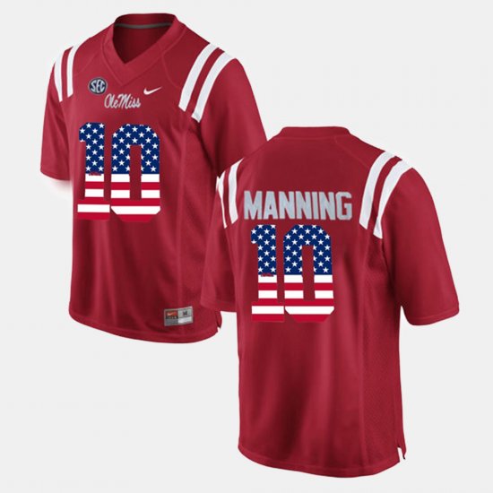 #10 Eli Manning US Flag Fashion University of Mississippi Mens Red Jersey 463599-554