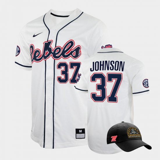 #37 Brandon Johnson College World Series University of Mississippi 2022 Champions Free Hat Men\'s White Jersey 194309-806