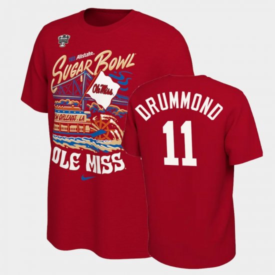 #11 Dontario Drummond College Football Ole Miss Rebels 2022 Sugar Bowl Locker Room Men Red T-Shirt 759240-896