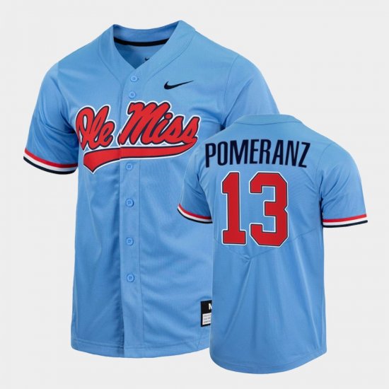 #13 Drew Pomeranz College Baseball University of Mississippi Full-Button Mens Blue Jersey 205306-635