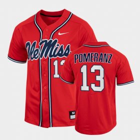 #13 Drew Pomeranz College Baseball Ole Miss Rebels Full-Button Men's Red Jersey 165273-385