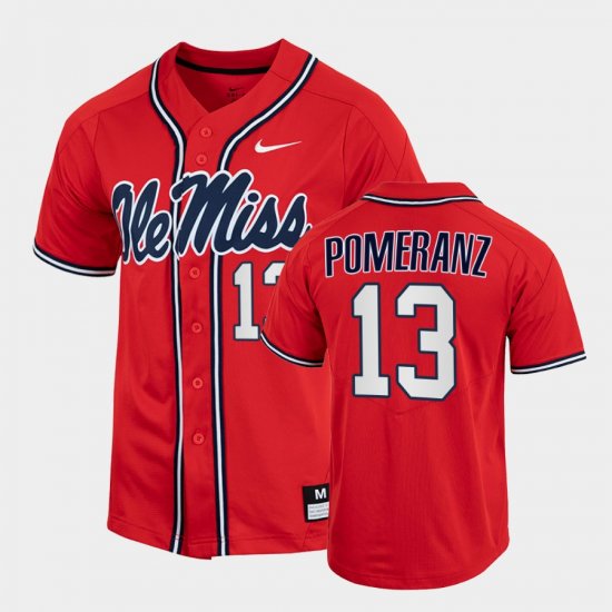 #13 Drew Pomeranz College Baseball Ole Miss Rebels Full-Button Men\'s Red Jersey 165273-385