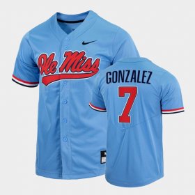 #7 Jacob Gonzalez College Baseball University of Mississippi 2022 Full-Button Men Blue Jersey 839436-948