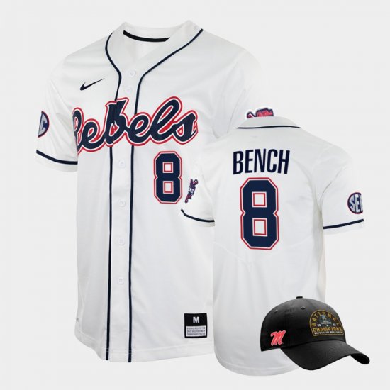 #8 Justin Bench College World Series Ole Miss 2022 Champions Free Hat Men\'s White Jersey 170866-518