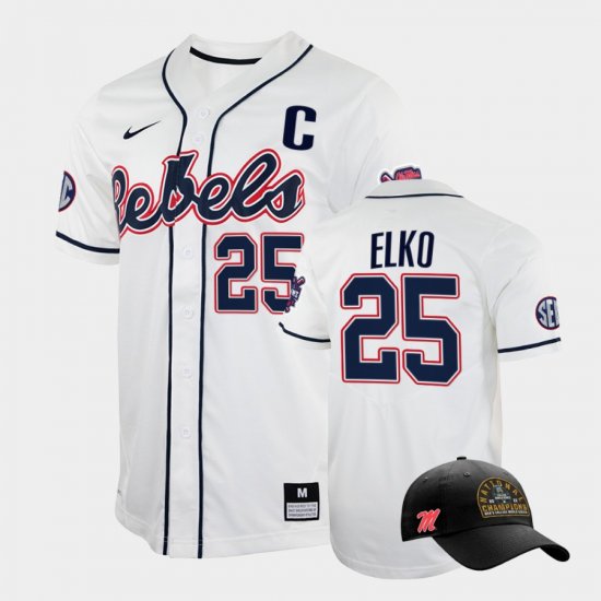 #25 Tim Elko College World Series University of Mississippi 2022 Champions Free Hat Mens White Jersey 154939-814