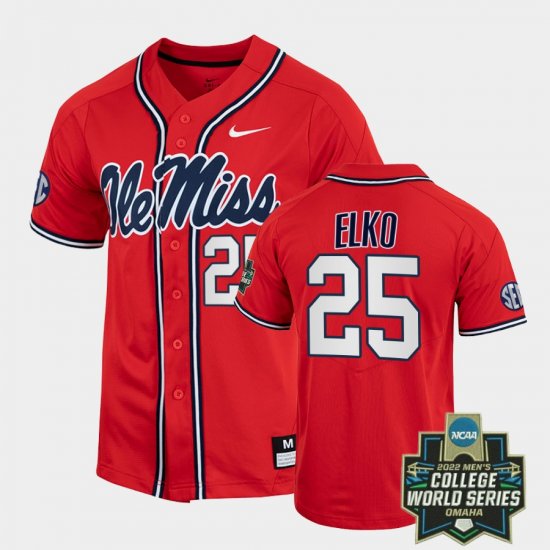 #25 Tim Elko College World Series Ole Miss Rebels 2022 Baseball Men\'s Red Jersey 349156-245