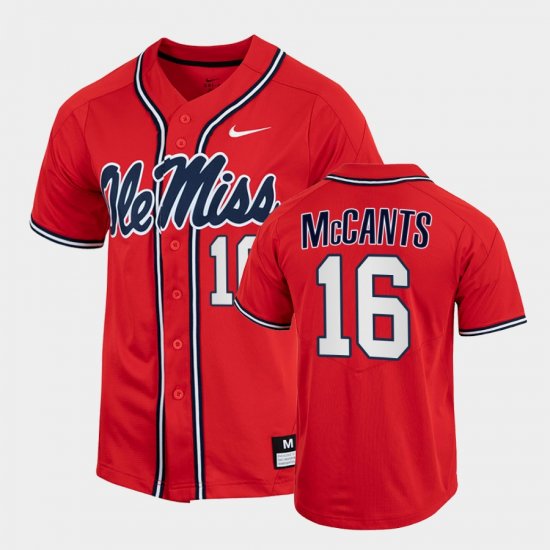 #16 TJ McCants College Baseball Ole Miss Rebels 2022 Full-Button Men\'s Red Jersey 297684-819